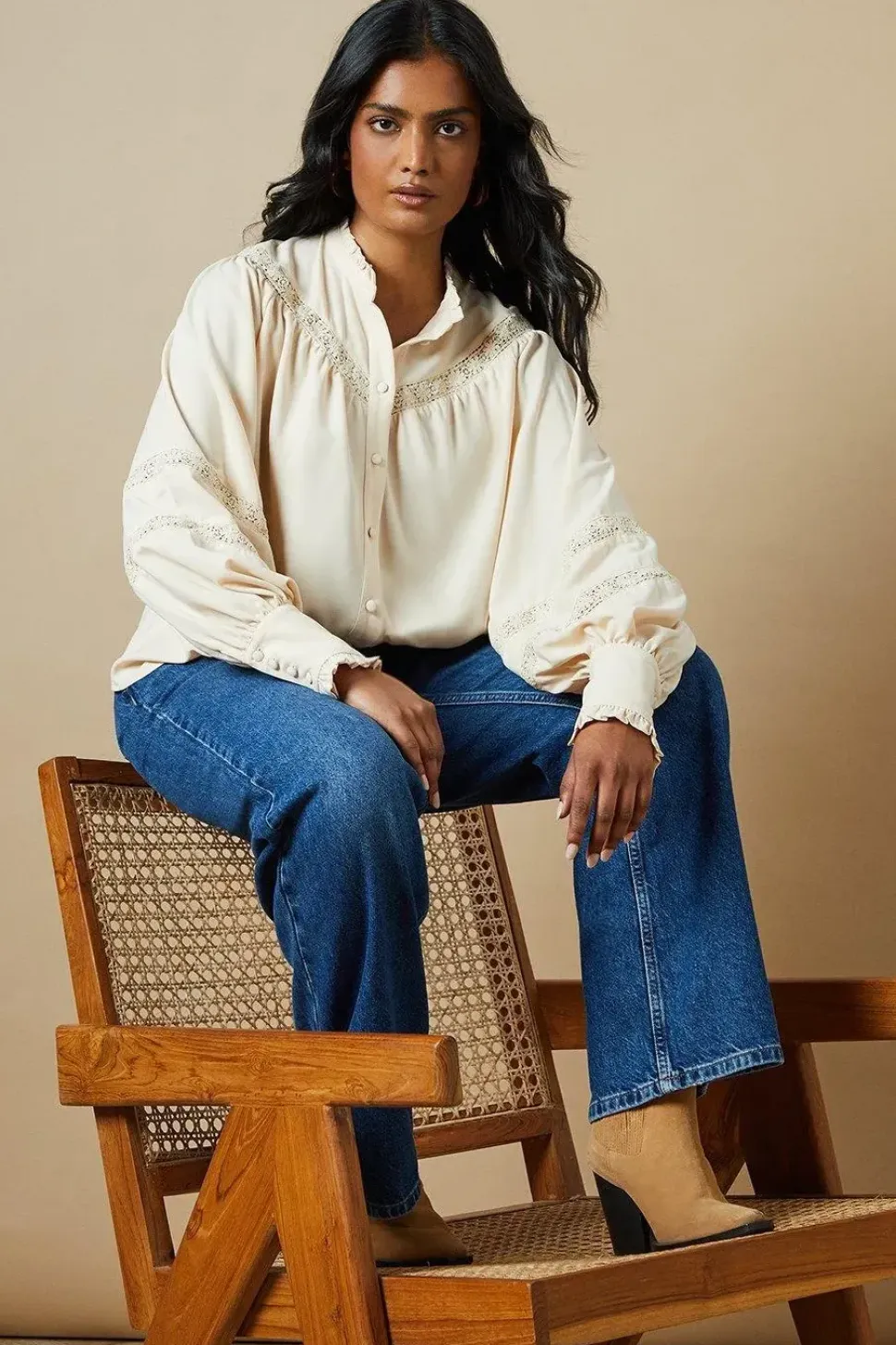 Trim Insert Crepe Blouse