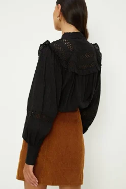 Trim Insert Ruffle Dobby Cotton Blouse