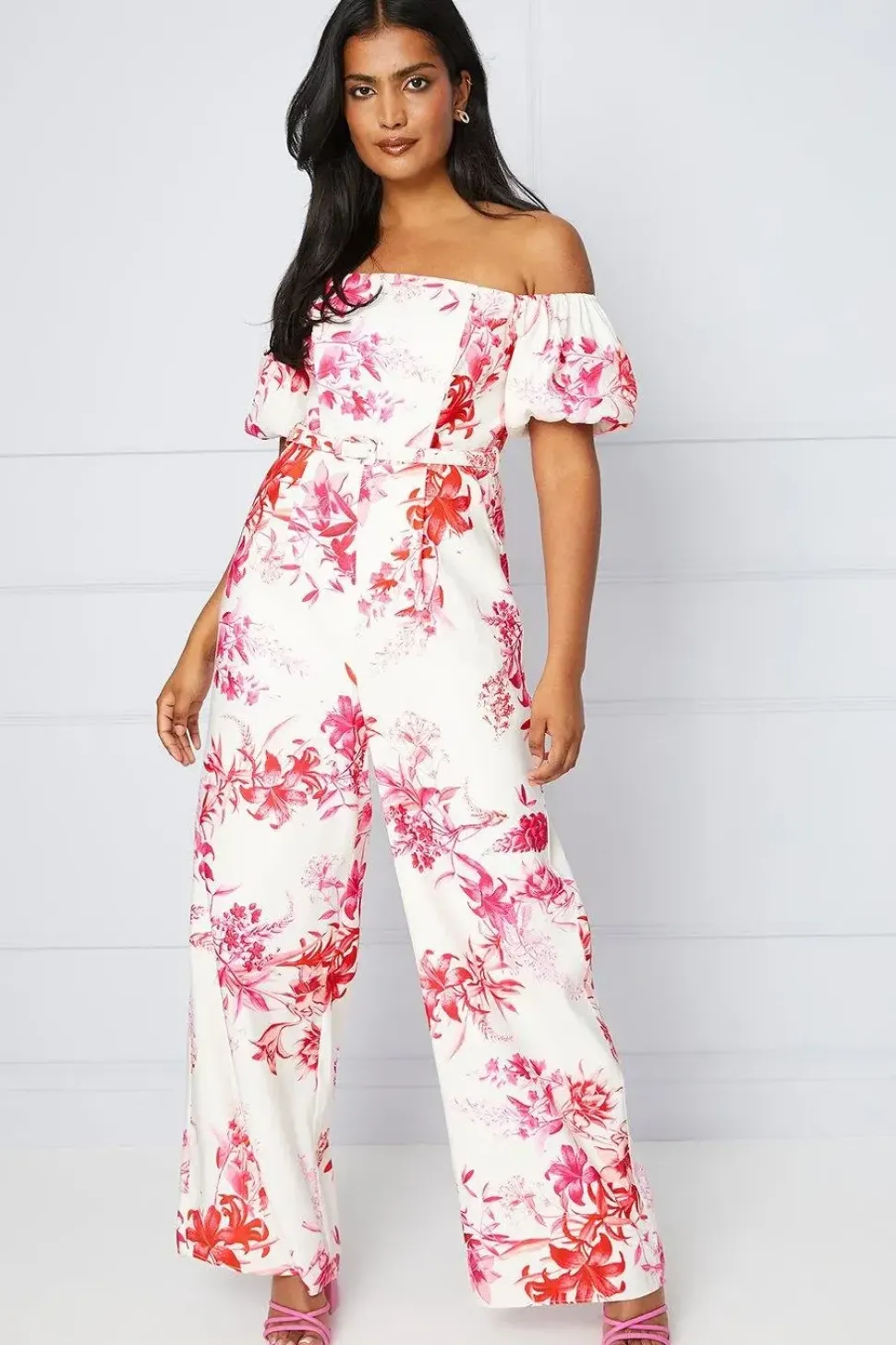 Tropical Floral Ottoman Twill Belted Jumpsuit
