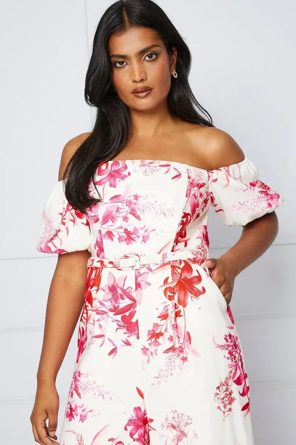 Tropical Floral Ottoman Twill Belted Jumpsuit