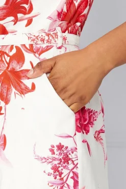 Tropical Floral Ottoman Twill Belted Jumpsuit