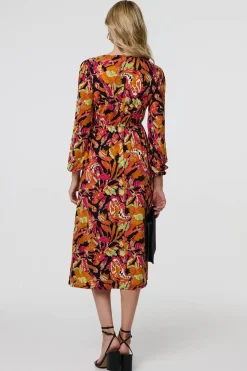 Tropical Floral Print Long Sleeve Midi Dress