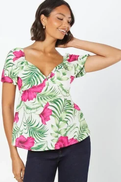 Tropical Knot Front Puff Sleeve Top