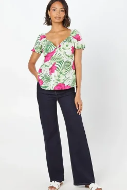 Tropical Knot Front Puff Sleeve Top