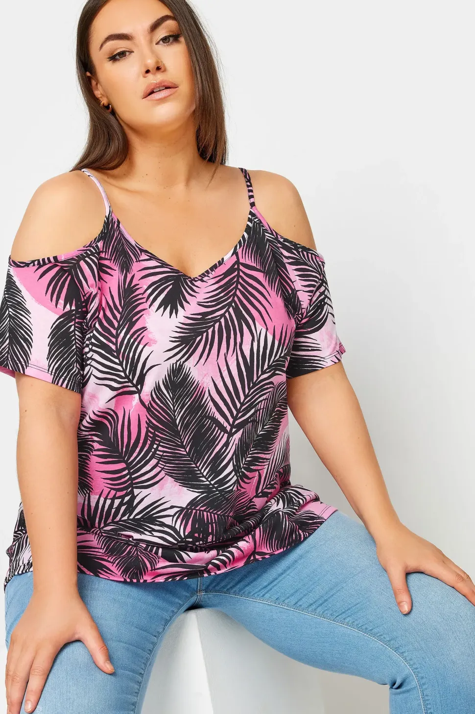 Tropical Print Cold Shoulder Top
