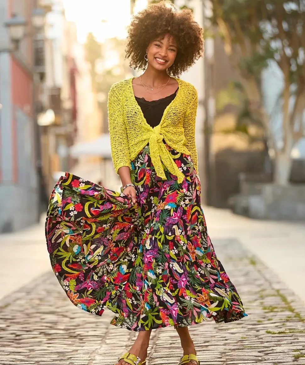 Tropical Print Crinkle Elasticated Maxi Skirt