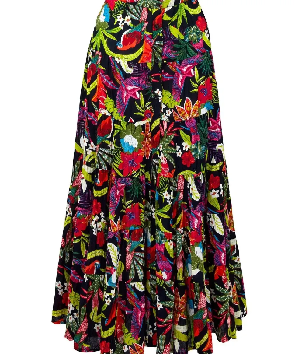 Tropical Print Crinkle Elasticated Maxi Skirt