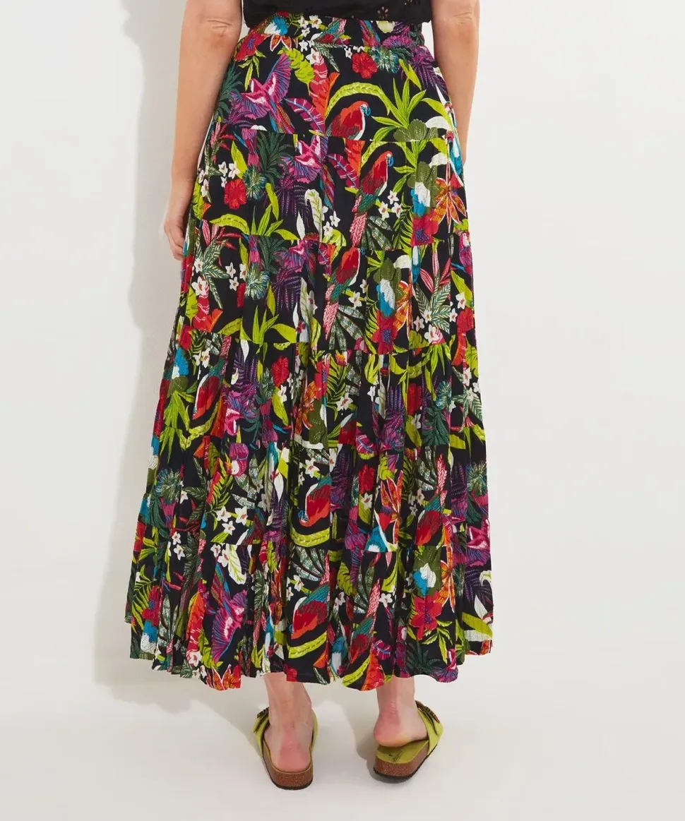 Tropical Print Crinkle Elasticated Maxi Skirt