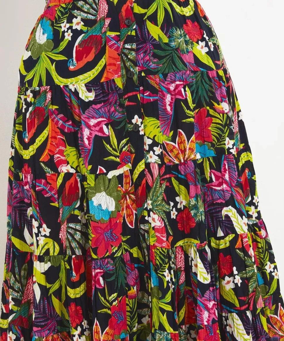 Tropical Print Crinkle Elasticated Maxi Skirt