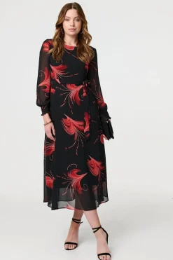 Tropical Print Mesh Layered Midi Dress