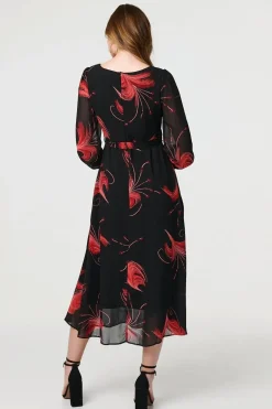 Tropical Print Mesh Layered Midi Dress
