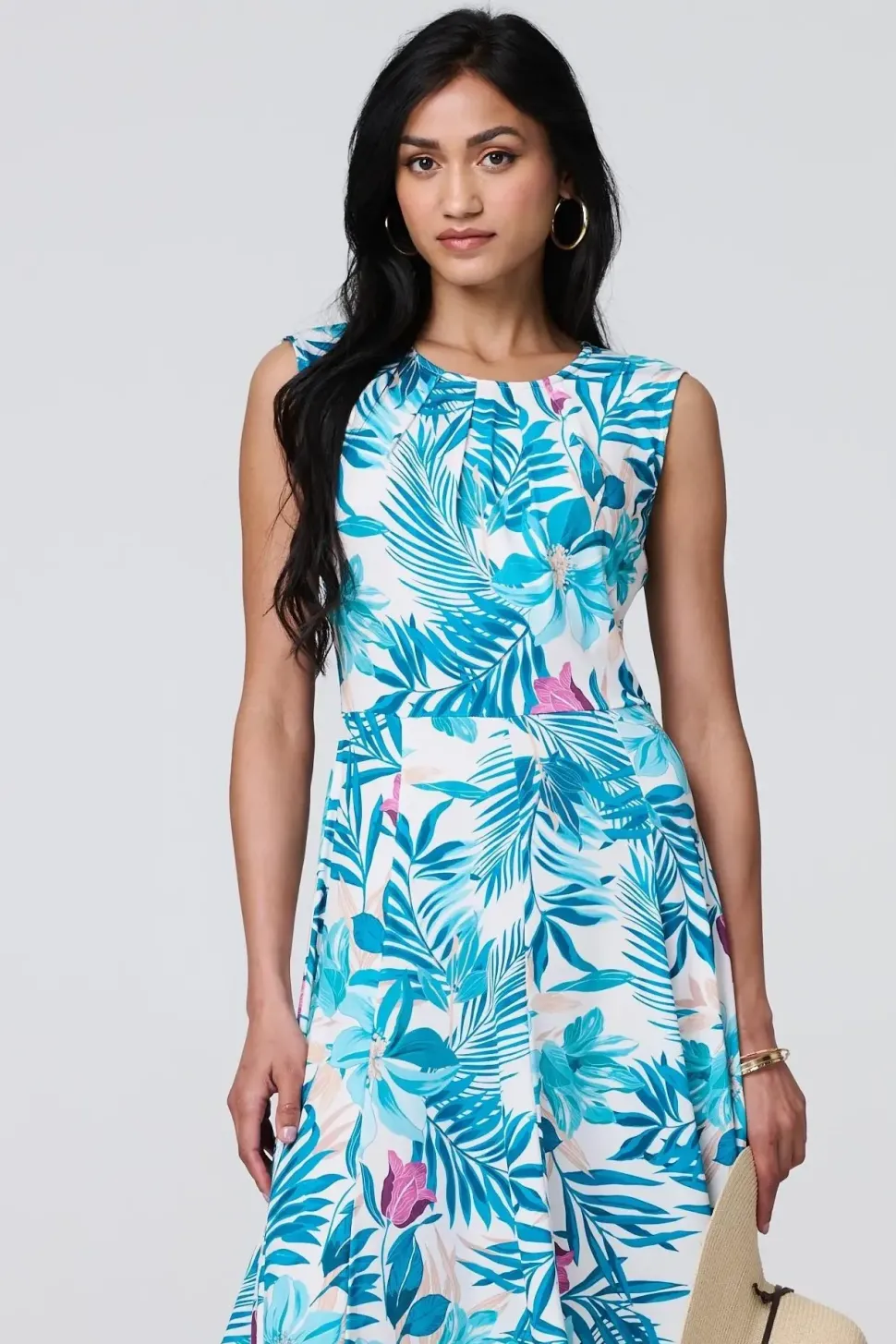 Tropical Print Sleeveless Knee Length Dress