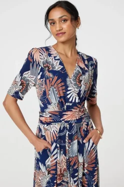 Tropical Print 1/2 Sleeve Midi Wrap Dress