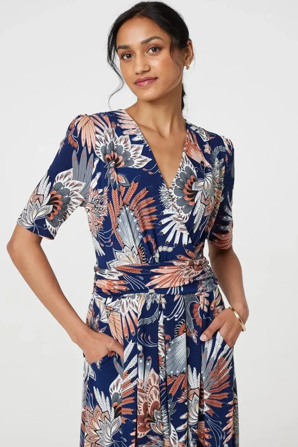 Tropical Print 1/2 Sleeve Midi Wrap Dress