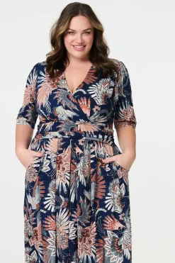 Tropical Print 1/2 Sleeve Midi Wrap Dress