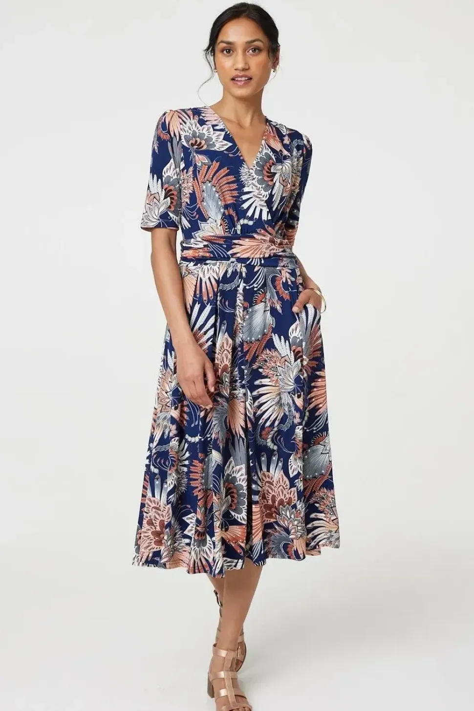 Tropical Print 1/2 Sleeve Midi Wrap Dress