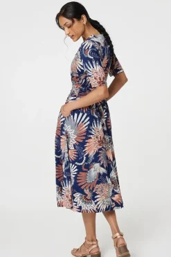 Tropical Print 1/2 Sleeve Midi Wrap Dress