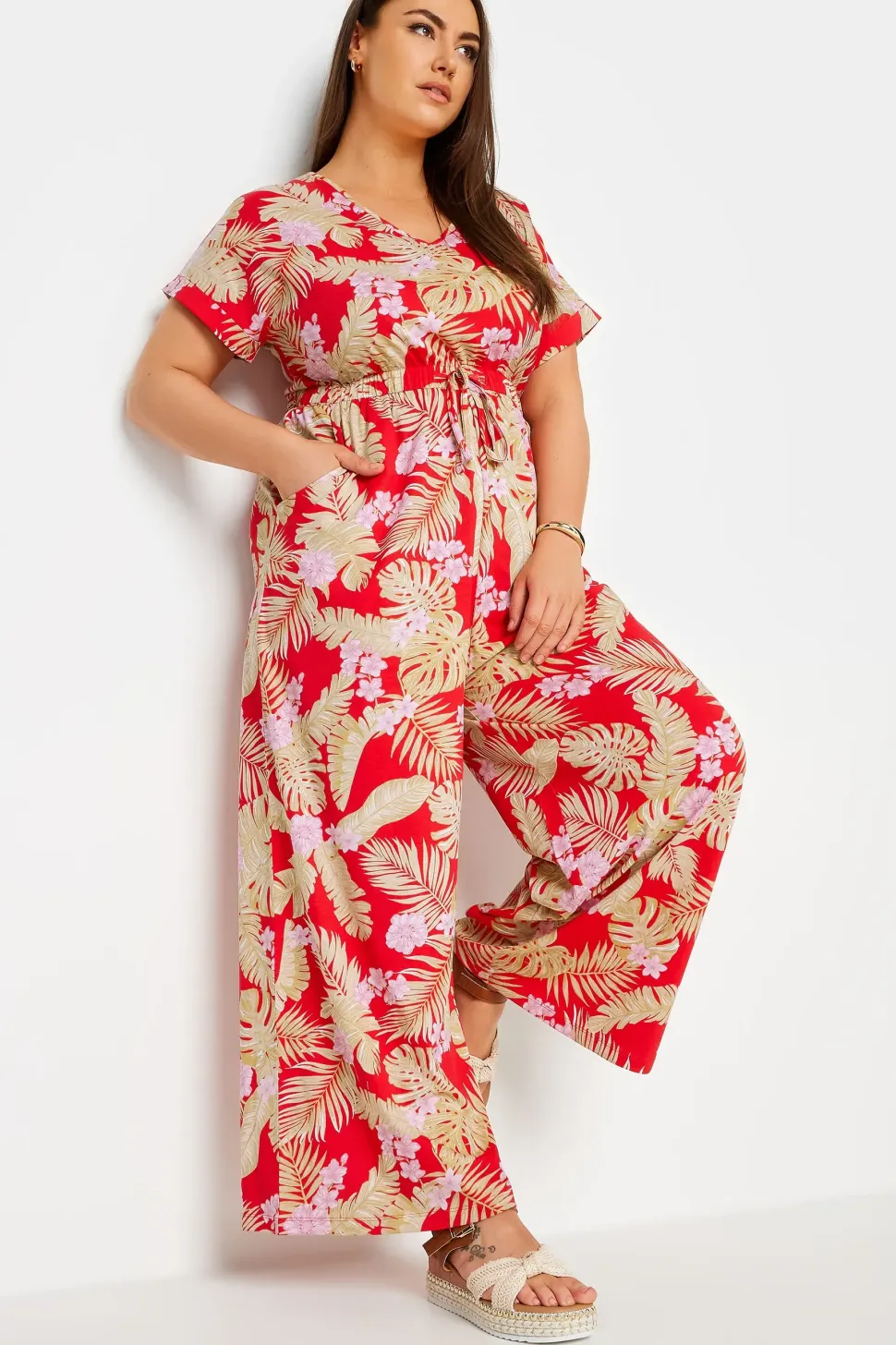 Tropical Print Wide Leg Jumpsuit