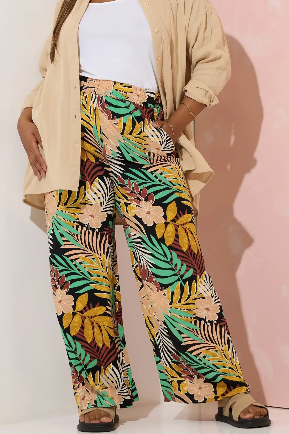Tropical Print Wide Leg Trousers