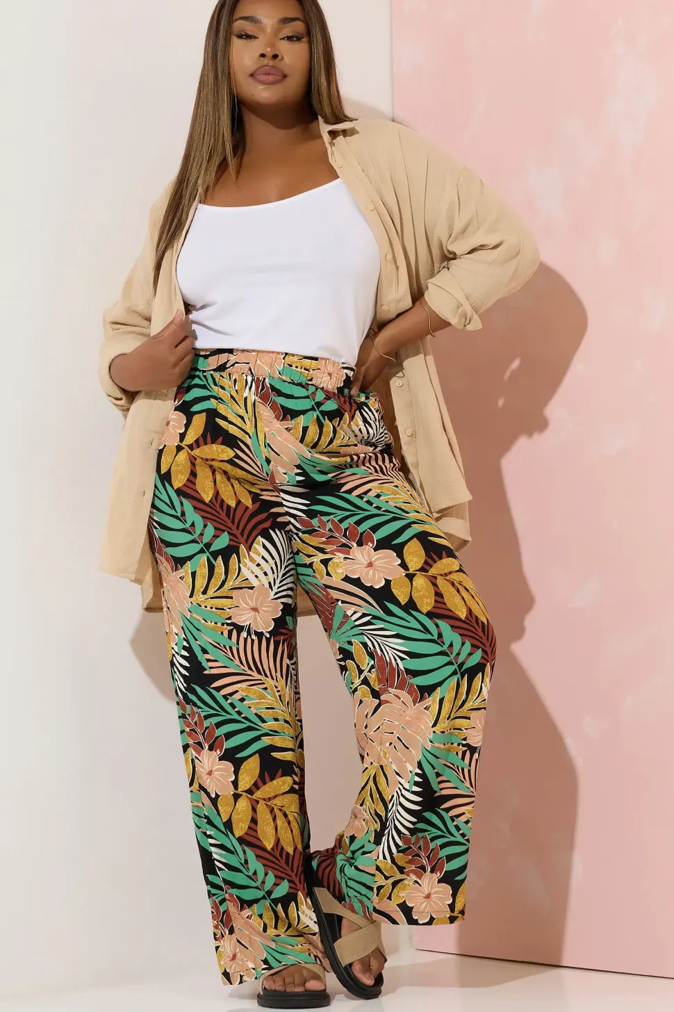 Tropical Print Wide Leg Trousers