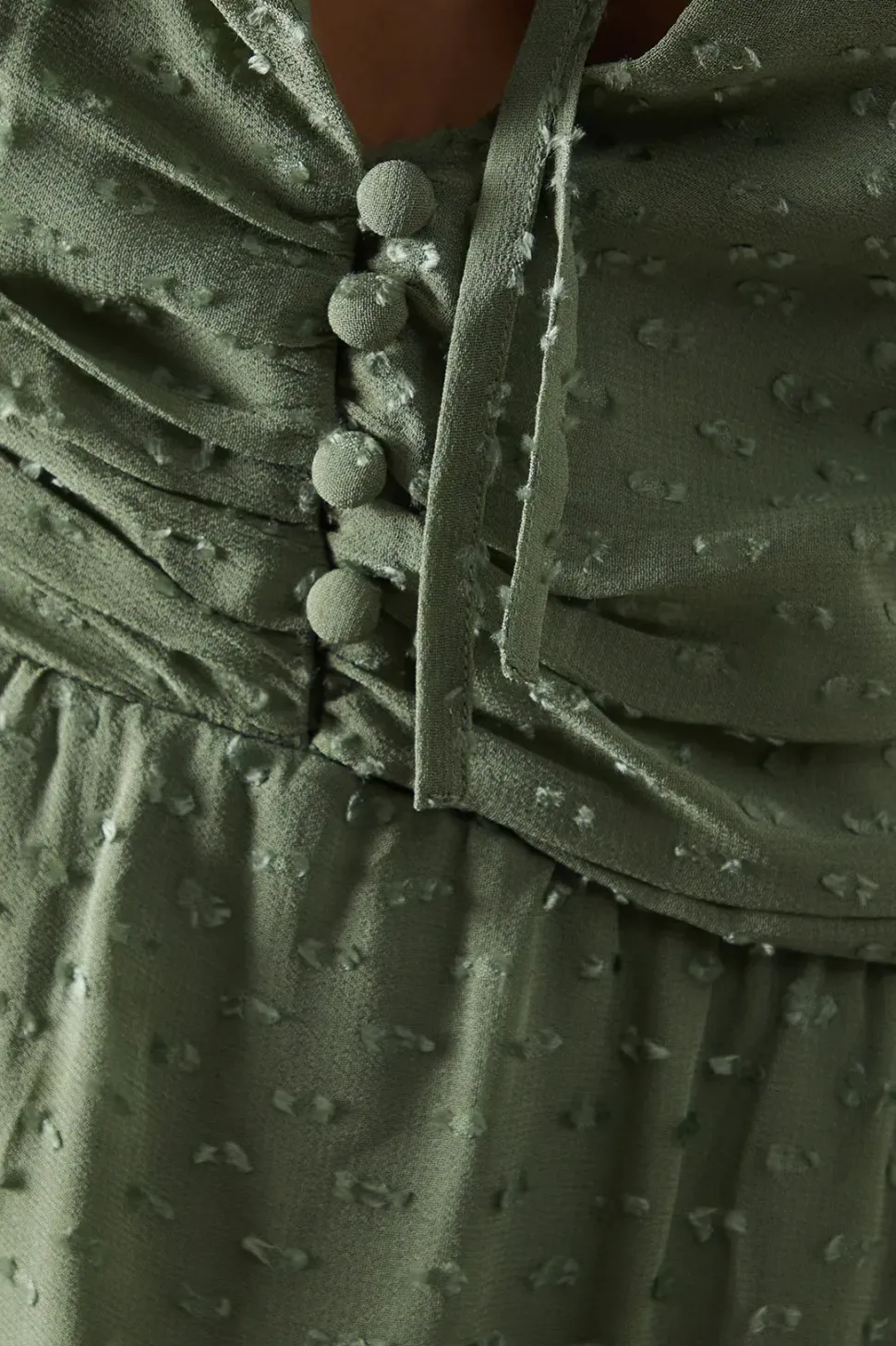 Tufted Dobby Chiffon Button Front Tie Neck Hanky Hem Midi