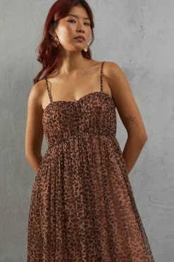 Tulle Animal Print Strappy Bandeau Maxi Dress