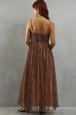 Tulle Animal Print Strappy Bandeau Maxi Dress