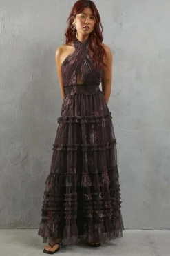 Tulle Floral Halter Shirred Waist Tier Maxi Dress