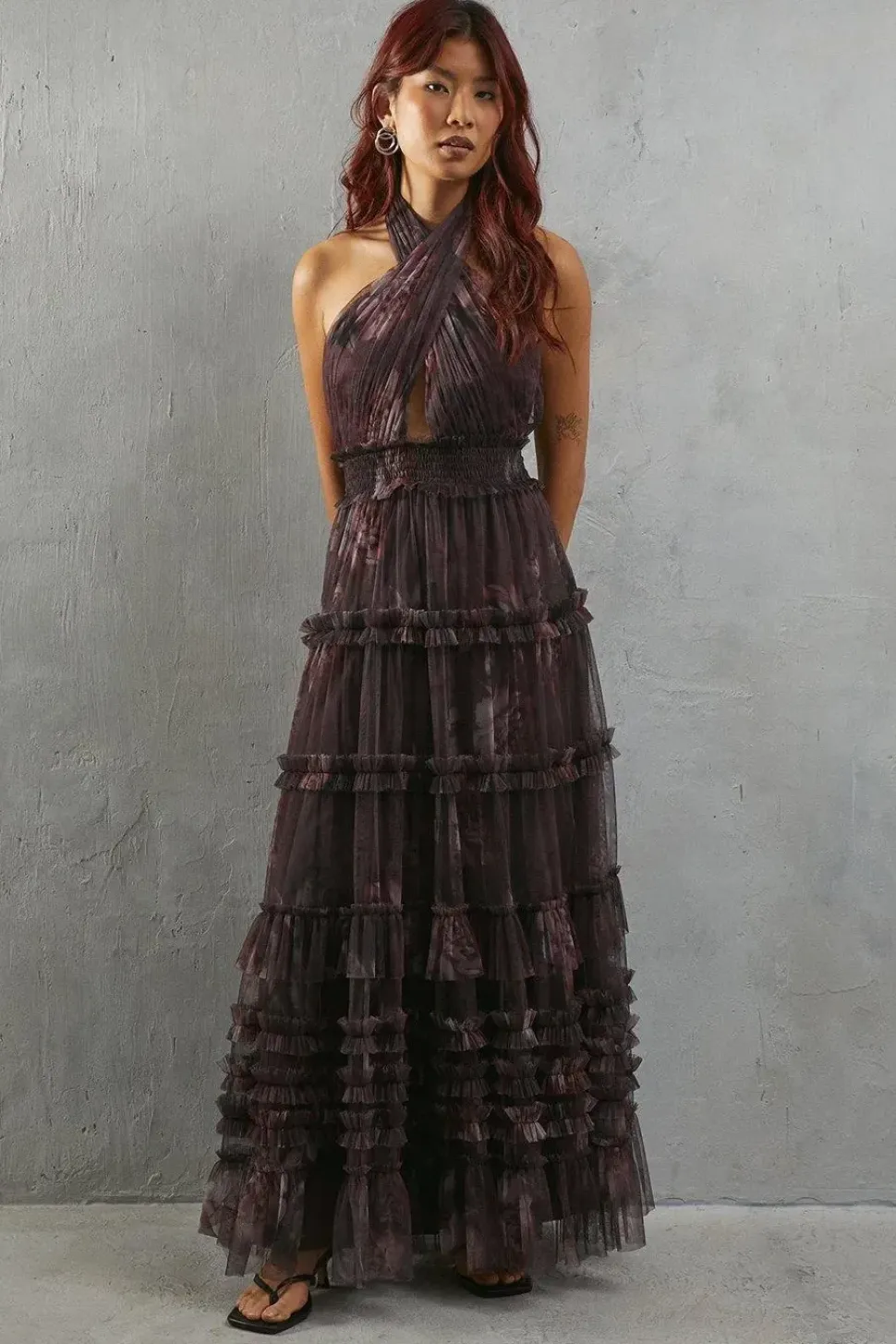 Tulle Floral Halter Shirred Waist Tier Maxi Dress
