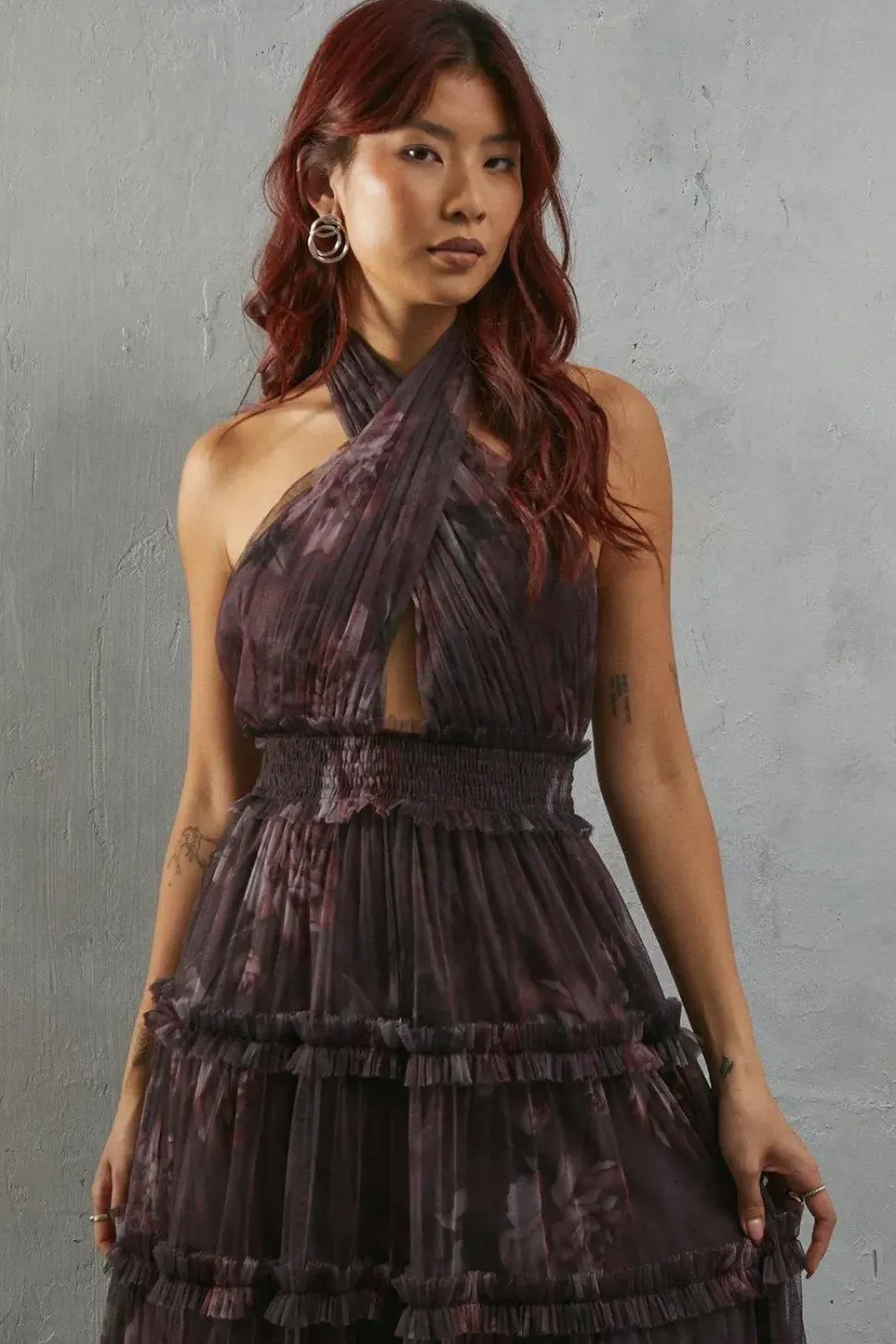 Tulle Floral Halter Shirred Waist Tier Maxi Dress