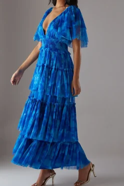 Tulle Floral Plunge Neck Flutter Sleeve Tier Maxi Dress