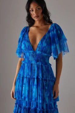 Tulle Floral Plunge Neck Flutter Sleeve Tier Maxi Dress