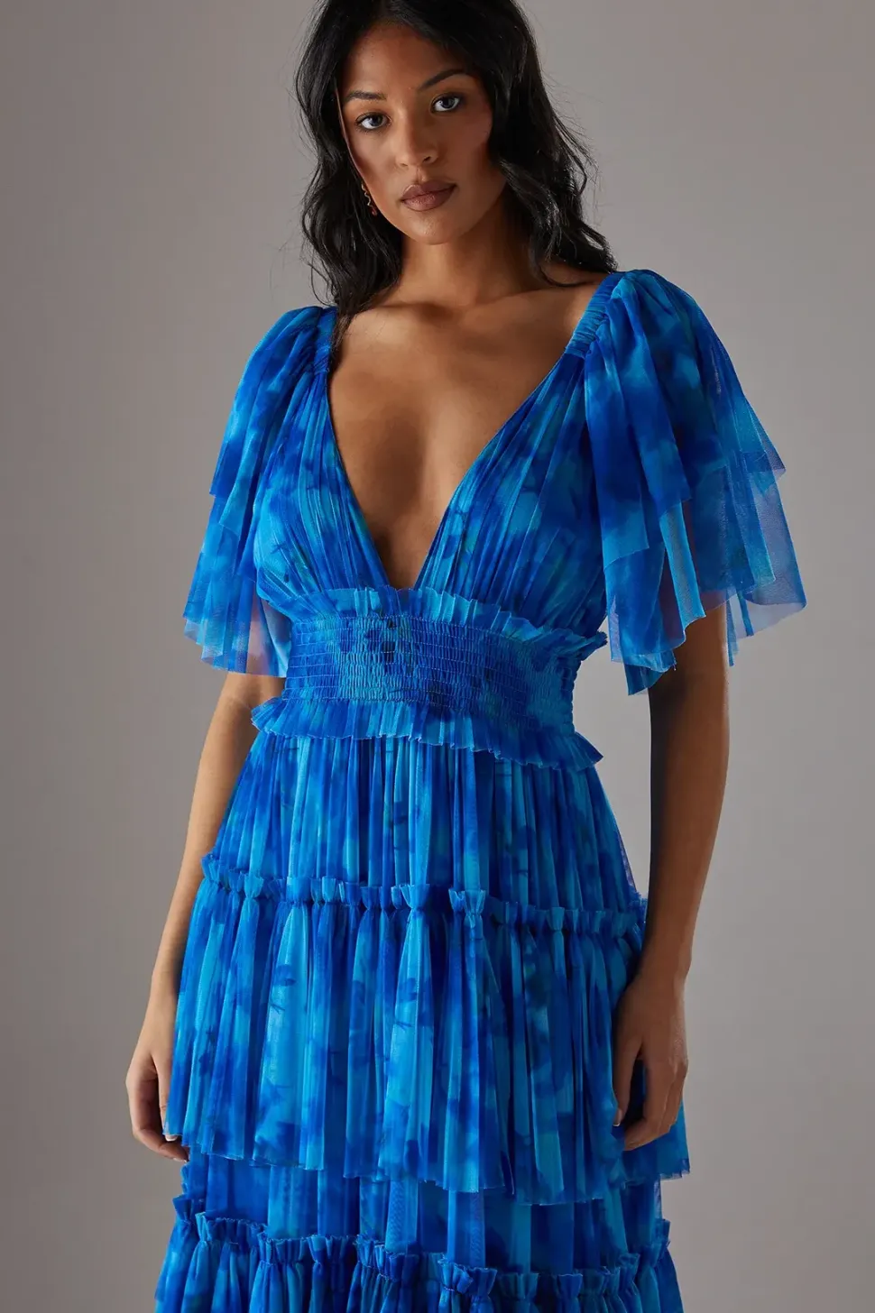 Tulle Floral Plunge Neck Flutter Sleeve Tier Maxi Dress