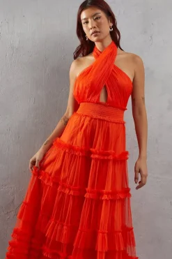 Tulle Halter Shirred Waist Tier Maxi Dress