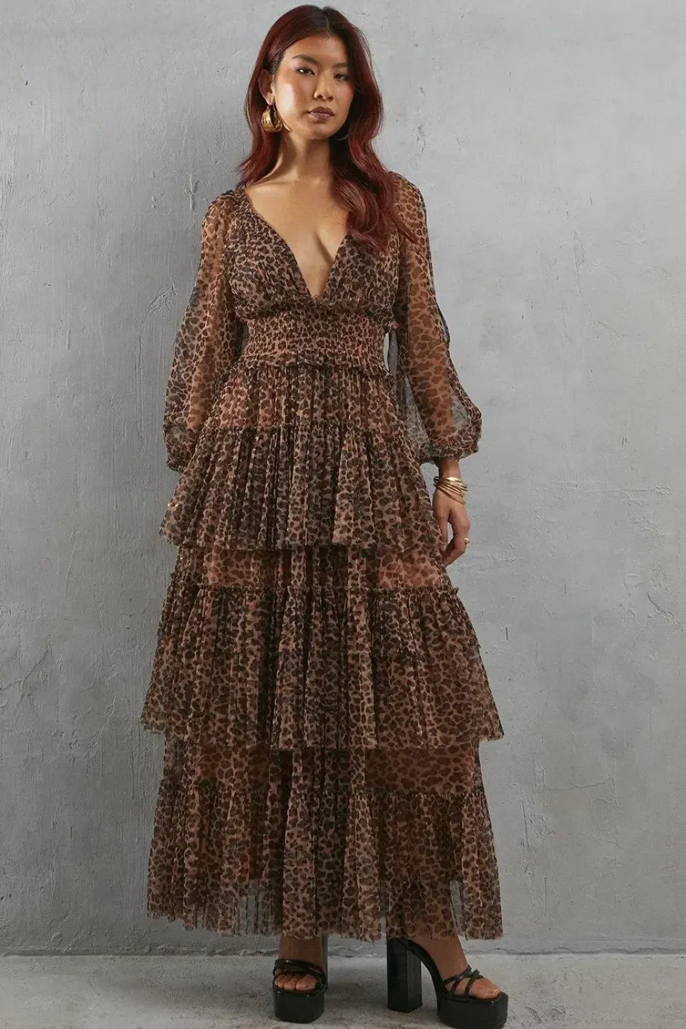 Tulle Leopard Print Plunge Neck Long Sleeve Tier Maxi Dress
