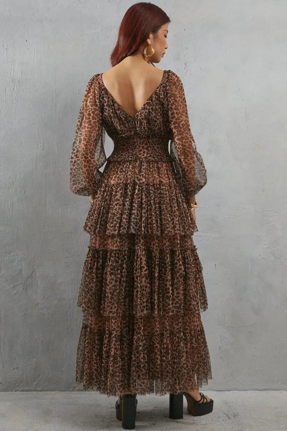 Tulle Leopard Print Plunge Neck Long Sleeve Tier Maxi Dress