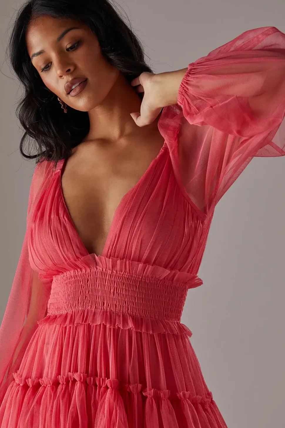Tulle Plunge Neck Long Sleeve Tier Maxi Dress