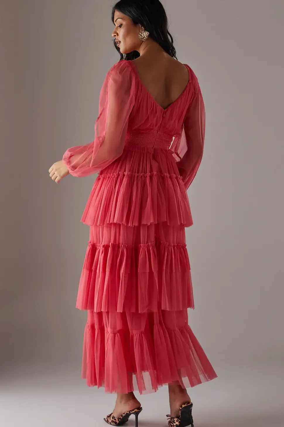 Tulle Plunge Neck Long Sleeve Tier Maxi Dress