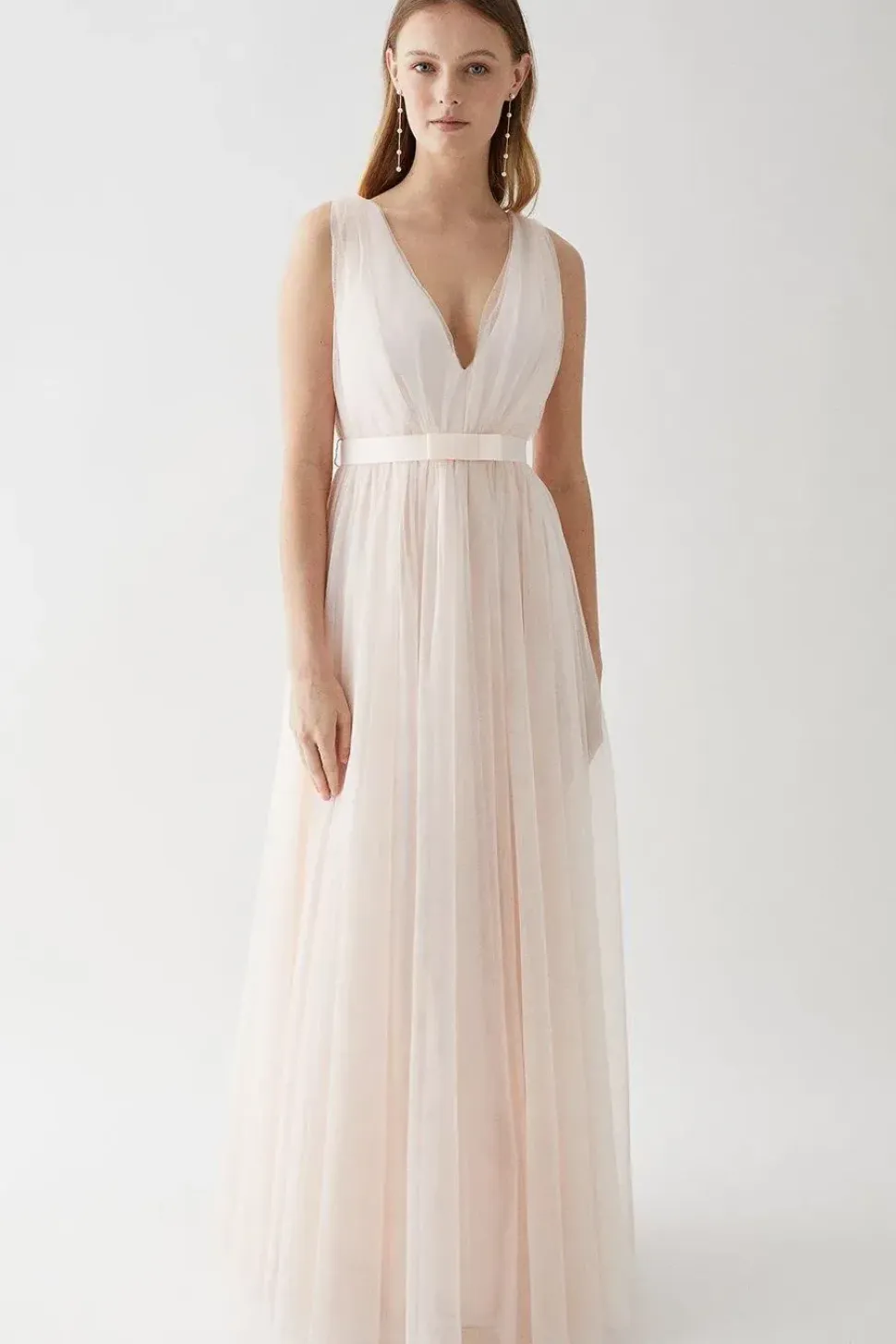 Tulle Plunge Neck Princess Bridesmaids Dress With Bow