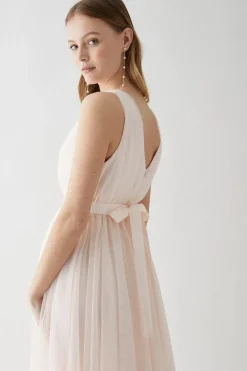 Tulle Plunge Neck Princess Bridesmaids Dress With Bow