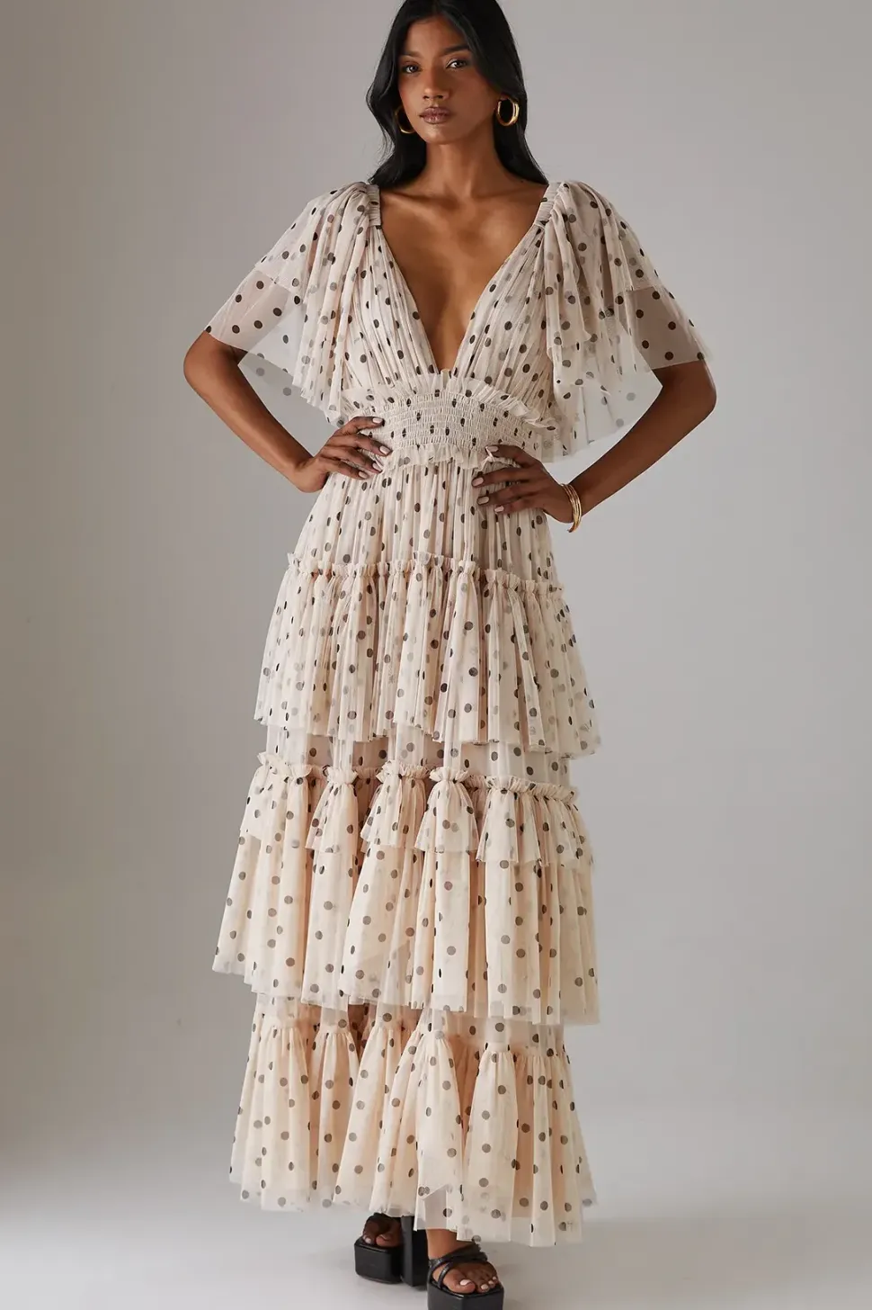Tulle Spot Plunge Neck Flutter Sleeve Tier Maxi Dress