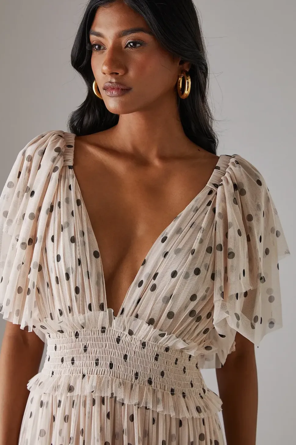 Tulle Spot Plunge Neck Flutter Sleeve Tier Maxi Dress