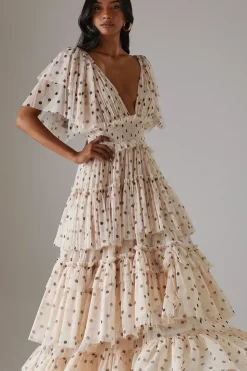 Tulle Spot Plunge Neck Flutter Sleeve Tier Maxi Dress