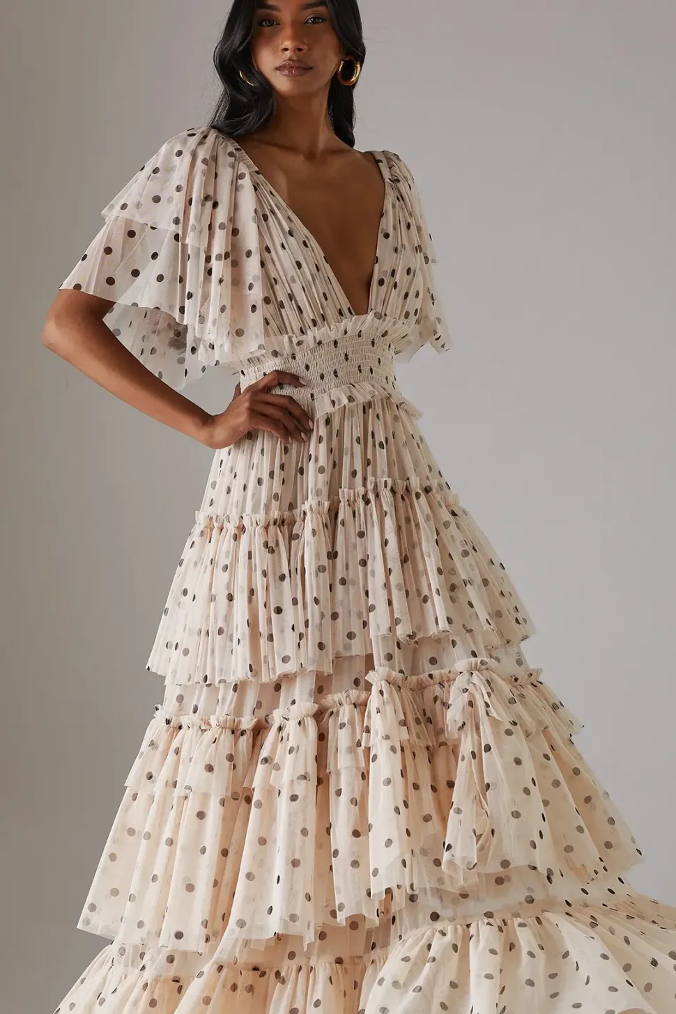 Tulle Spot Plunge Neck Flutter Sleeve Tier Maxi Dress