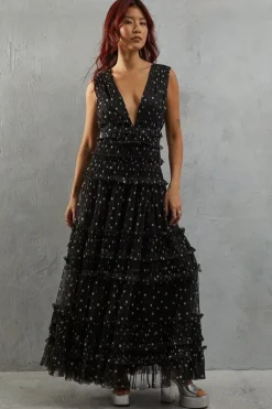 Tulle Spot Sleeveless Plunge Neck Gathered Waist Tier Maxi Dress