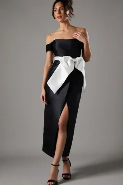 Twill Bardot Bow Waist Column Black Dress