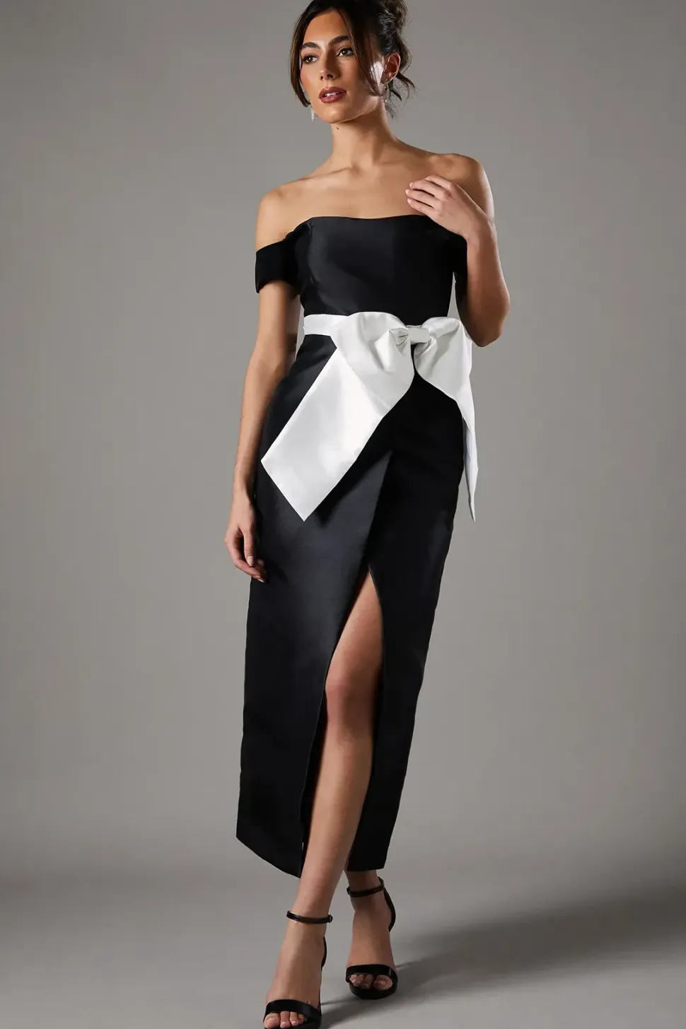 Twill Bardot Bow Waist Column Black Dress