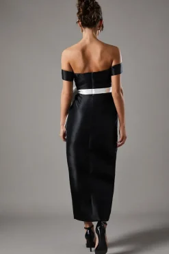 Twill Bardot Bow Waist Column Black Dress