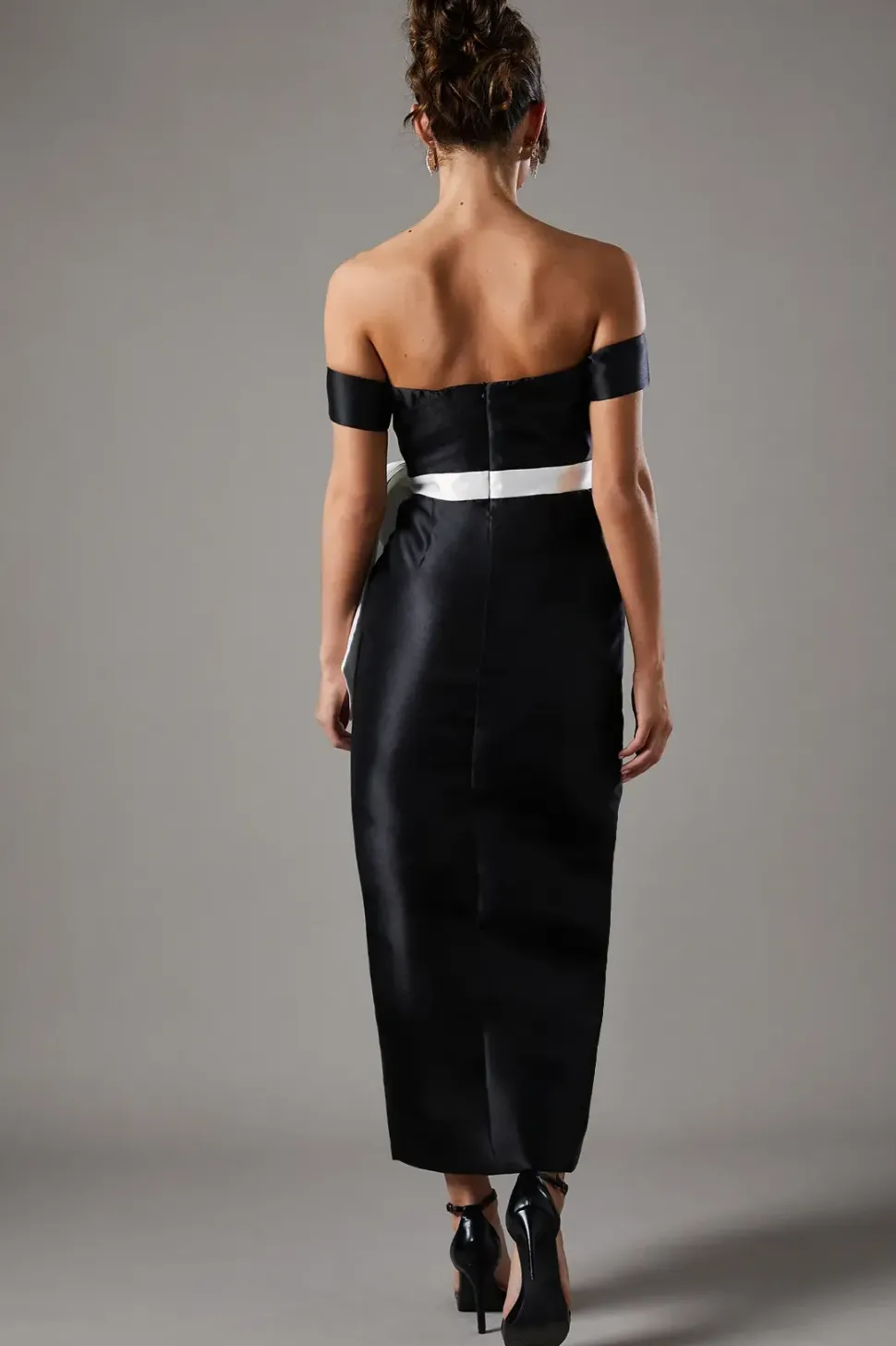 Twill Bardot Bow Waist Column Black Dress