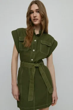 Twill Belted Patch Pocket Mini Dress